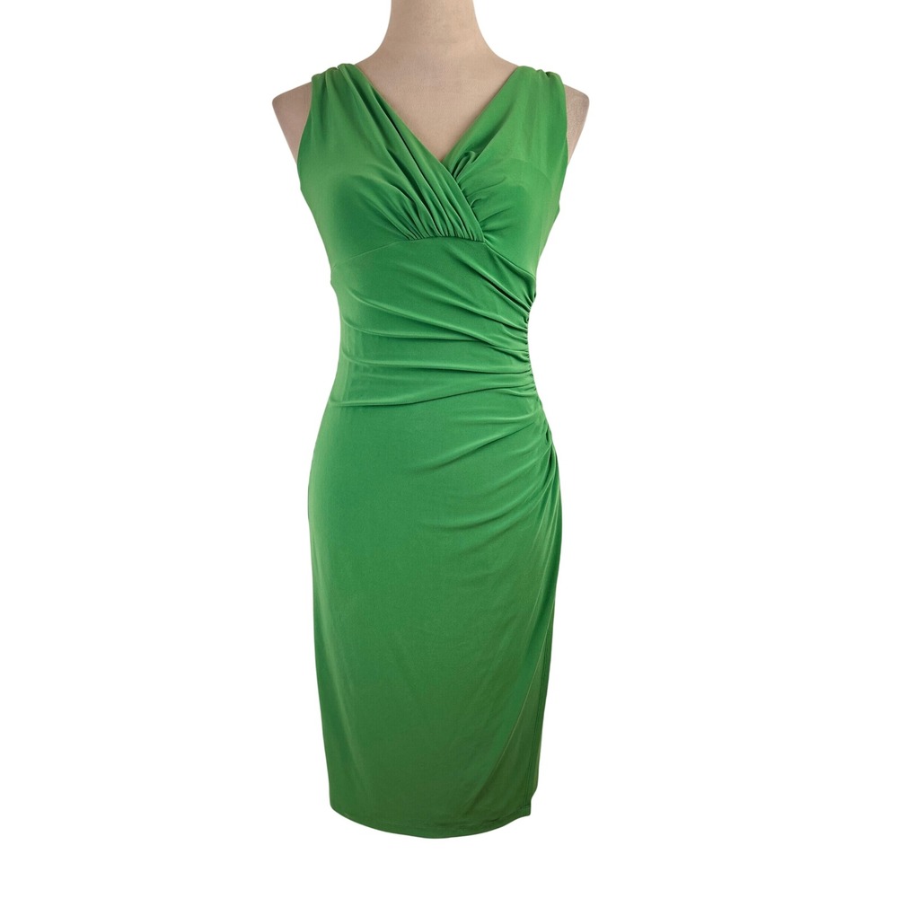 Lauren Ralph Lauren Sheath Dress Green Ruched V-Neck Sleeveless Women's Size 2